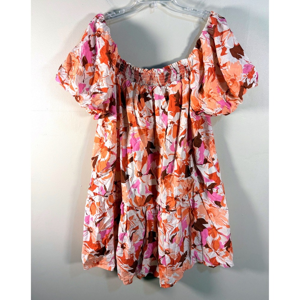 GeeGee Pink Orange Floral Smocked Puff Sleeve‎ Tiered Mini Dress 2XL